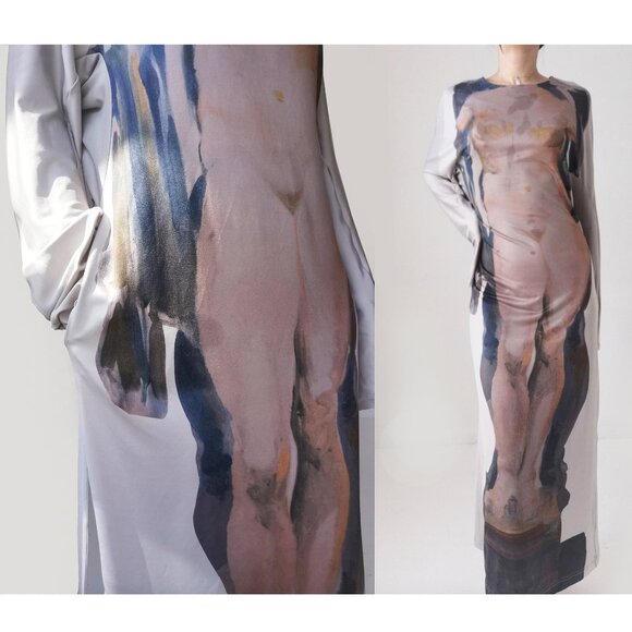 Ann demeulemeester beige kaftan knit maxi long sleeve belted dress - Picture 6 of 11